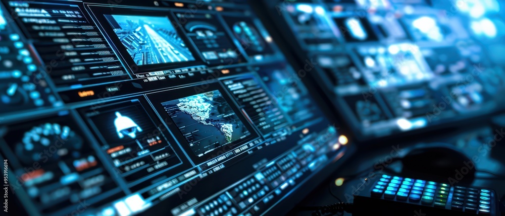 Poster futuristic control room with multiple screens displaying data and analytics in a high-tech environme