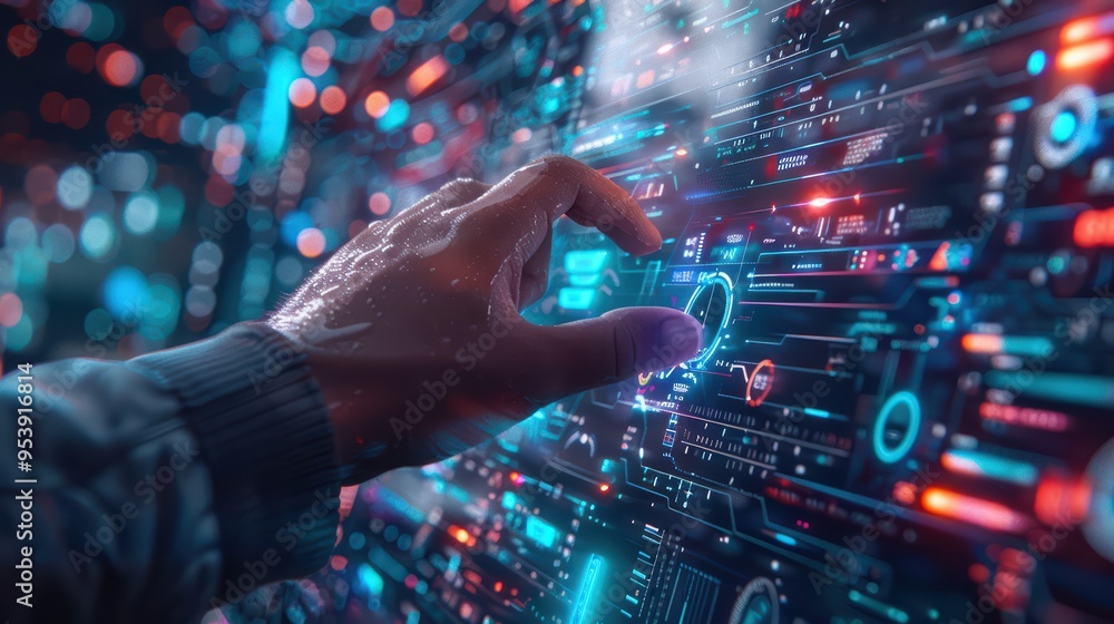 Poster futuristic hand interacting with a glowing digital interface, showcasing advanced technology and inn
