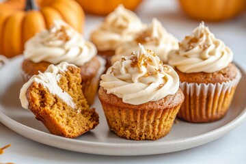 pumpkin muffins with a generous swirl of maple cream cheese frosting on top, some muffins cut open to show the creamy filling