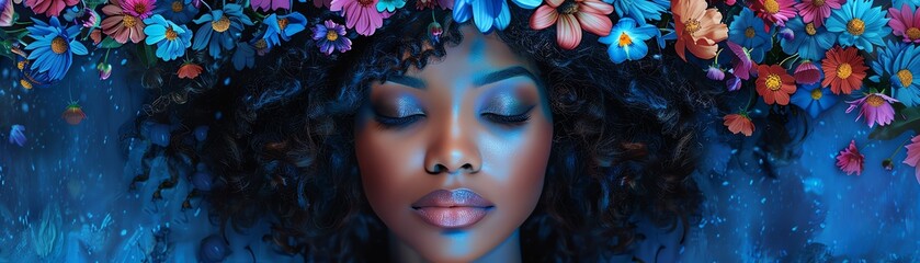 Obraz premium Woman with floral headdress, blue lighting, vibrant flowers, serene and dreamy