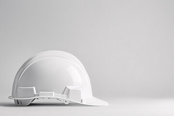 white construction hard hat is placed on its side on a plain grey surface representing workplace safety and protection