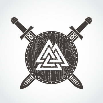viking arms with valknut symbol shield and swords 