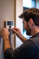Fototapeta premium Man Installing DIY Smart Thermostat in Modern Tech-Savvy Living Space for Home Automation