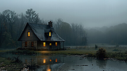 Fototapeta premium A single farmhouse with a steep roof, soft warm light gently spilling from the windows, the farmyard softly reflecting the warm glow, rainy night, outdoor. Generative AI.