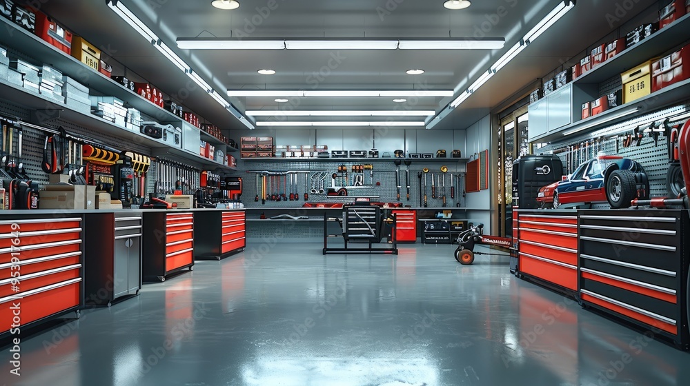Poster a tidy auto repair shop with contemporary tools and spacious layout. generative ai.