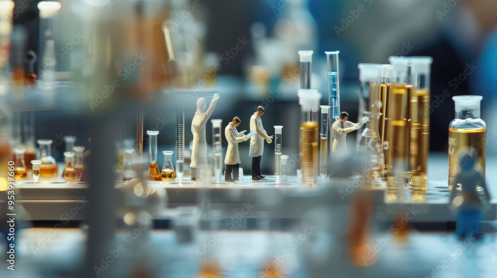 Poster miniature scientists conducting experiments in a lab filled with test tubes and beakers, showcasing 