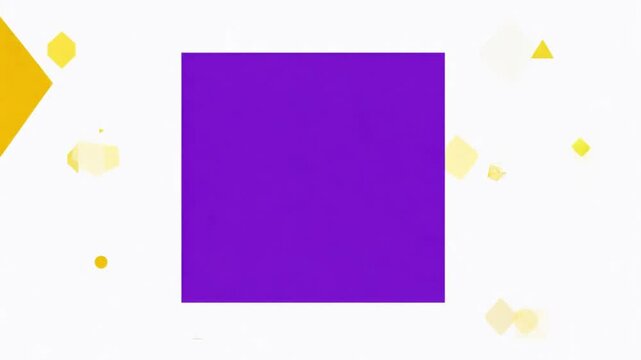 Minimalist design with a purple square centered on a white background and small yellow geometric shapes around. 