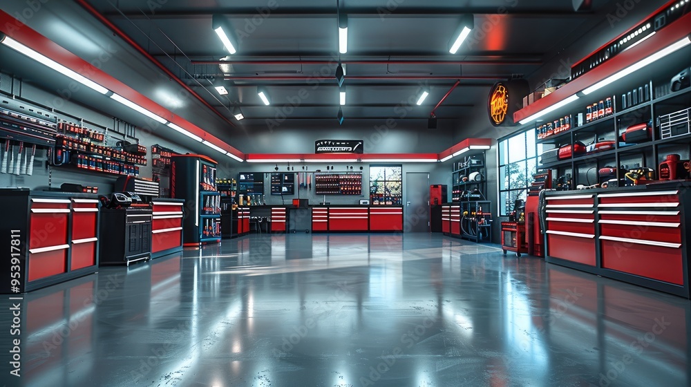 Poster a tidy auto repair shop with contemporary tools and spacious layout. generative ai.