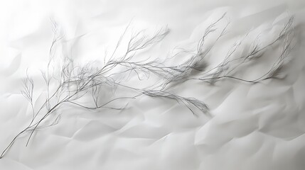Delicate Black Branch on White Wrinkled Fabric