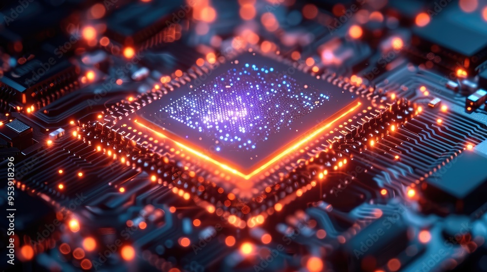 Aufkleber a microchip covered by nanoparticles, fusion energy. generative ai.
