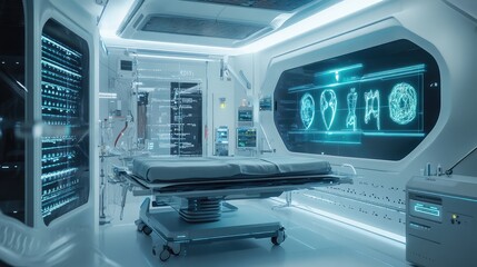 A futuristic hospital with gene-editing technologies used in personalized medicine, showcasing potential benefits and ethical considerations