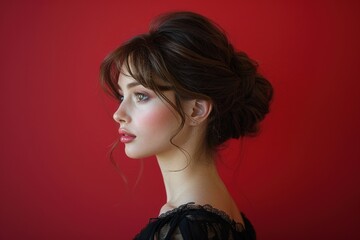 Fototapeta premium A beautiful young woman with elegant updo hairstyle and soft makeup, posing gracefully in profile against a vibrant red background in studio lighting.portrait