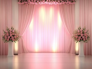 Soft Pink and Gold Lighting: Gentle pink and gold lighting creating a warm and inviting stage ambiance