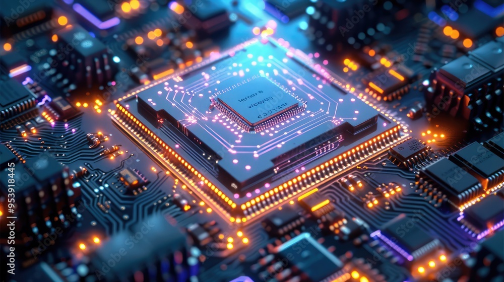 Aufkleber a microchip covered by nanoparticles, fusion energy. generative ai.