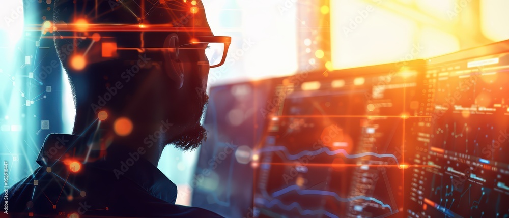 Poster silhouette of a professional analyzing data on multiple screens with vibrant digital overlays in a m