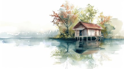 Fototapeta premium Serene watercolor painting of a tranquil lake house surrounded by vibrant trees, reflecting beauty in calm waters.