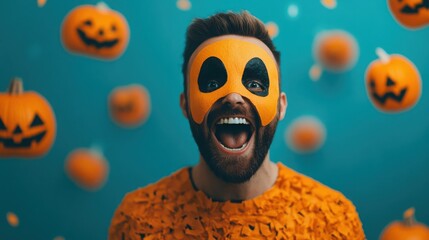 A group of astronauts celebrating Halloween in deep space, surrounded by floating ghost decorations and interstellar pumpkins