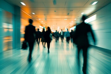 Blurry image. background image of a Group of young People walking quickly in a modern building