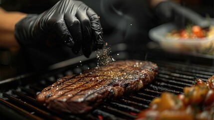 Gloved hand lightly sprinkling down a little seasoning down onto perfectly grilled steak. Generative AI.