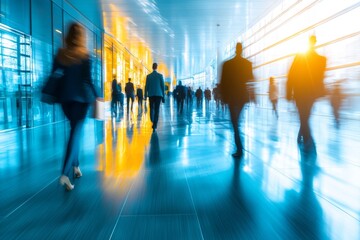 Blurry image. background image of a Group of young People walking quickly in a modern building