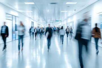 Blurry image. background image of a Group of young People walking quickly in a modern building