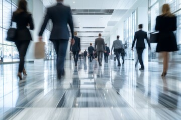 Fototapeta premium Blurry image. background image of a Group of young People walking quickly in a modern building