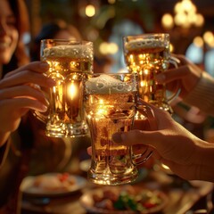 Joyful Friends Toasting with Glasses of Cold, Refreshing Beer in a Cozy, Warmly Lit Pub; Celebrating Friendship and Good Times Togethertoasting