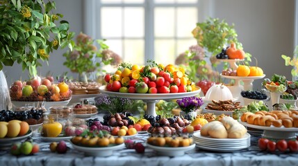 Obraz premium A fresh vibrant brunch display with 3D-rendered dishes featuring local seasonal produce