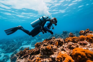 A scuba diver in full gear is swimming over a vibrant coral reef in clear blue ocean water, showcasing the beauty and diversity of marine life in the underwater environment.