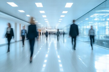 Blurry image. background image of a Group of young People walking quickly in a modern building. people in a hurry on business