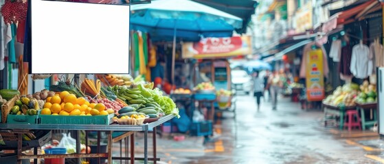 Vibrant market scene featuring fresh produce, colorful stalls, and bustling street life in a rainy atmosphere.