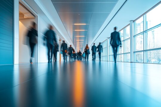 Blurry image. background image of a Group of young People walking quickly in a modern building. people in a hurry on business