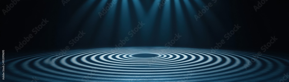 Poster circular spotlight patterns: focused spotlight beams forming concentric circles on a dark stage for 