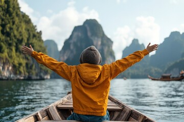 A person with arms raised embraces freedom and tranquility while situated on a boat surrounded by...