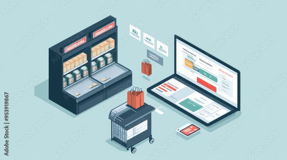 Poster a comparison of a traditional checkout counter and a streamlined e-commerce checkout process on a ta