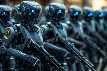 Fototapeta premium AI robot army, futuristic military technology, artificial intelligence in war