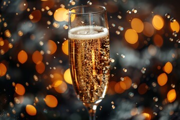 Close-up of a champagne flute with sparkling bubbles against a backdrop of warm, glowing bokeh lights, capturing the festive celebration moodChampagne