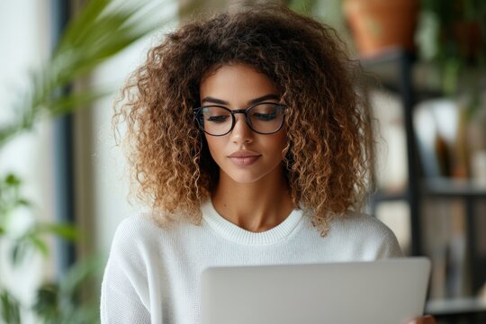 A young woman with curly hair and black glasses focuses on her laptop screen while working in a modern cafe adorned with potted plants and natural light.