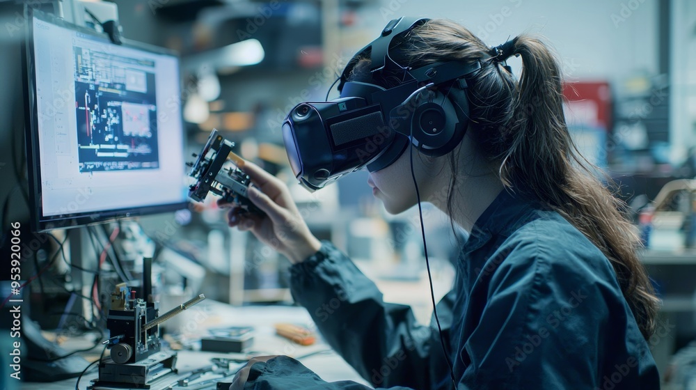 Poster innovative vr headset design and testing in a high-tech workshop environment