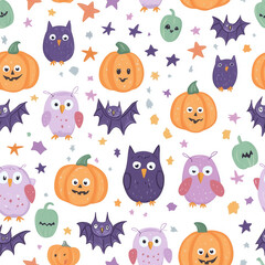 Obraz premium Halloween design featuring cute owls, pumpkins, bats, and stars on a white background