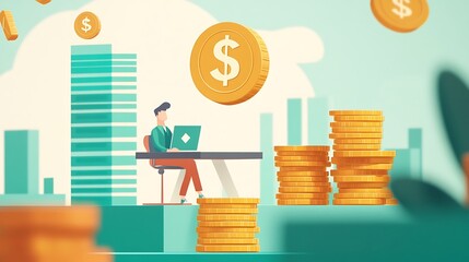 Man Working at Desk with Stacks of Gold Coins Around Him