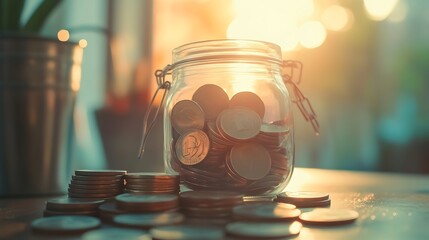 Glass Jar Filled with Coins on Table with Scattered Coins