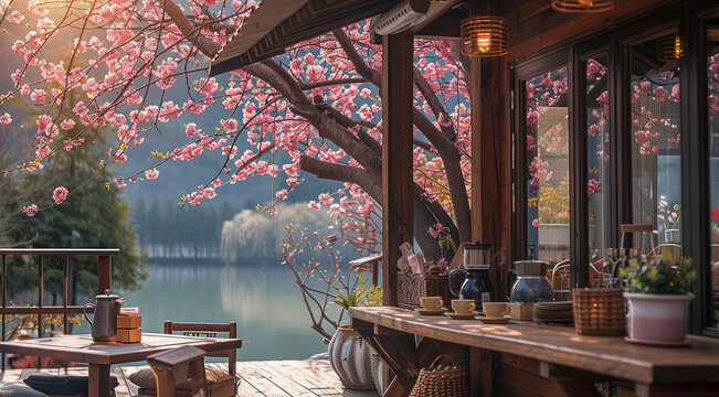A cozy outdoor cafe terrace surrounded by a spring landscape. Warm sunlight filters through the cherry blossom trees. The rustic wooden set includes a counter with coffee cups, a vintage coffee maker.