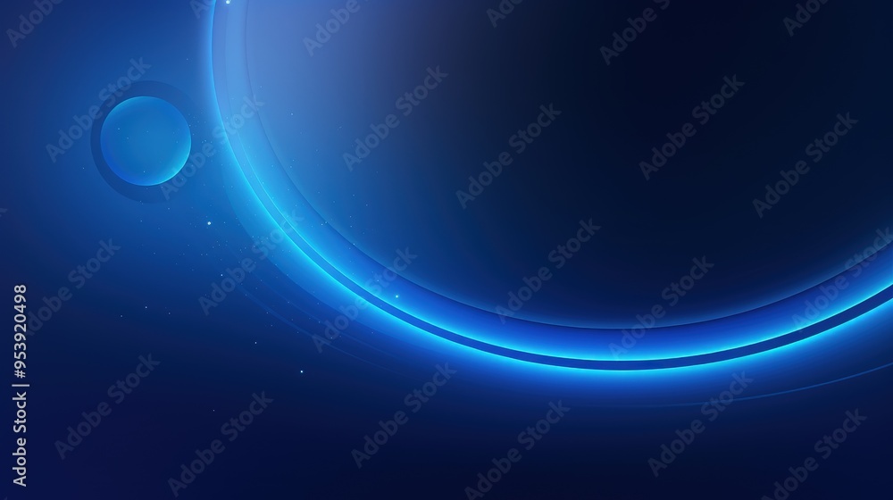 Poster a digital abstract design featuring a dark background with glowing blue curves and a small planet.