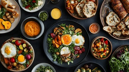 A vibrant brunch spot with 3D-rendered dishes showcasing fresh market produce