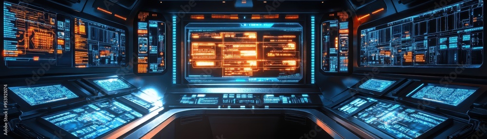 Poster futuristic control room with advanced technology screens and glowing interfaces, depicting a sci-fi 