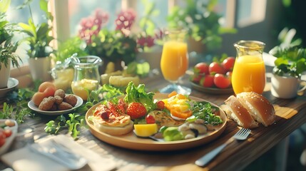 A fresh vibrant brunch scene with 3D-rendered dishes made from local market ingredients