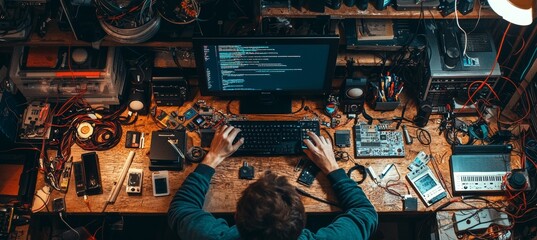 Tech Enthusiast Creating DIY Media Center with Raspberry Pi in Gadget-Filled Workspace