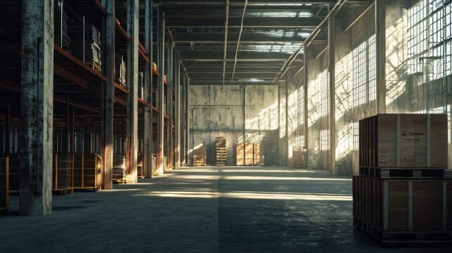 Empty Industrial Warehouse with Sunlight Streaming Through Windows
