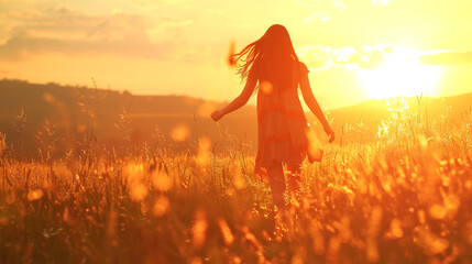 Back of a young woman at the sunset in the field, golden hour photo, sunset, happy childhood